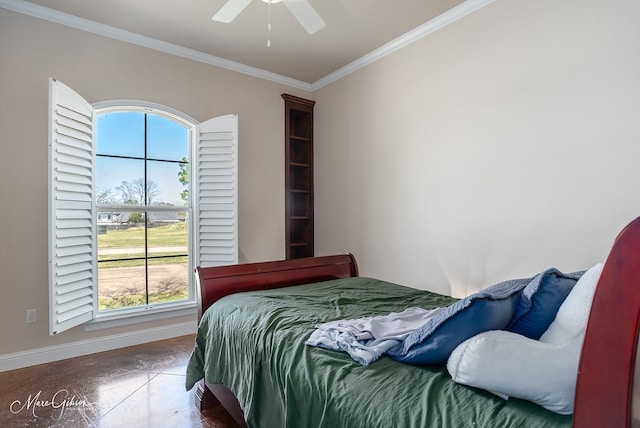 bedroom featuring ceiling fan, crown molding, and baseboards