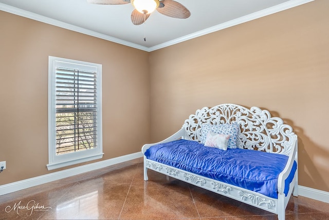 bedroom featuring a ceiling fan, baseboards, and ornamental molding