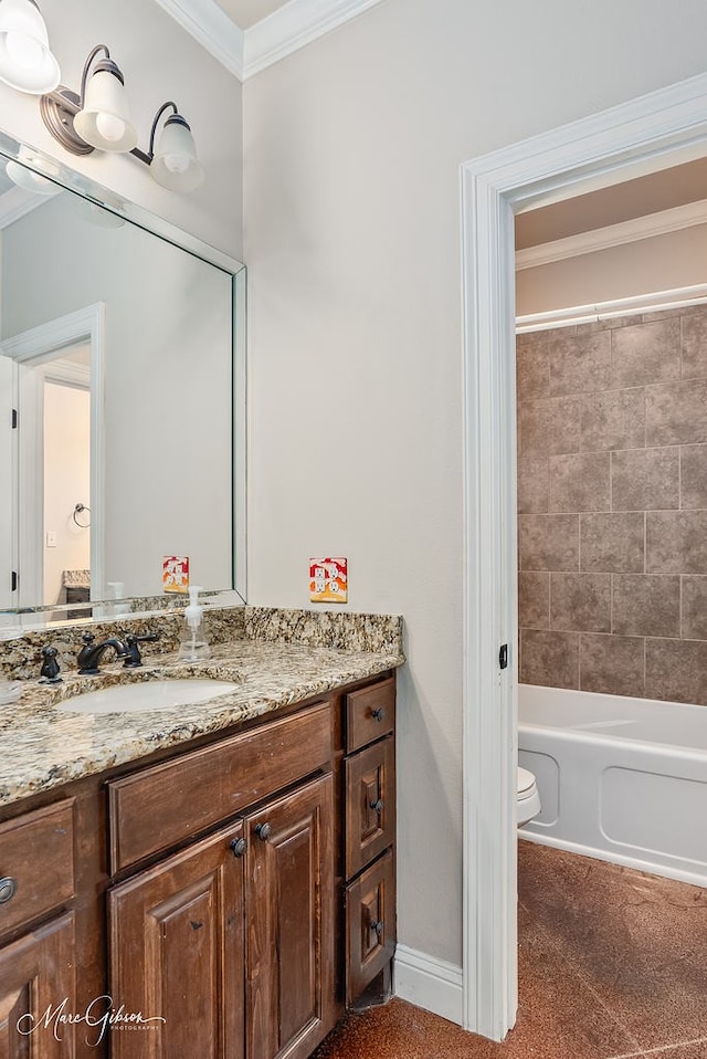 bathroom featuring vanity, crown molding, toilet, and shower / tub combination