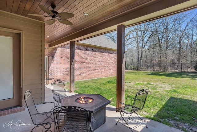 view of patio / terrace with a ceiling fan, fence, and an outdoor fire pit