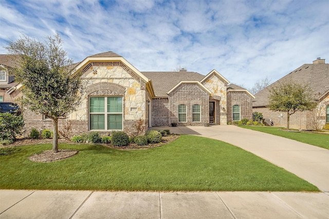 french country style house with driveway, stone siding, brick siding, and a front yard