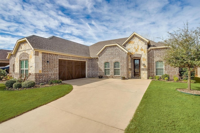 french country style house with a front yard, a garage, brick siding, and stone siding