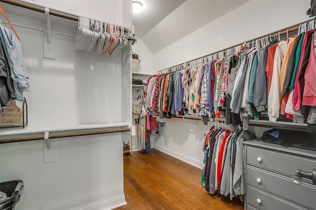 walk in closet featuring vaulted ceiling and wood finished floors