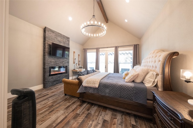 bedroom featuring wood finished floors, high vaulted ceiling, an inviting chandelier, a stone fireplace, and beamed ceiling