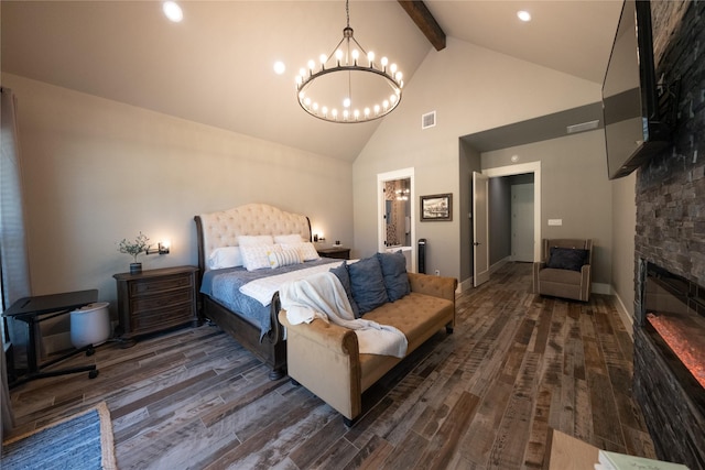 bedroom featuring beam ceiling, visible vents, an inviting chandelier, and dark wood-style flooring