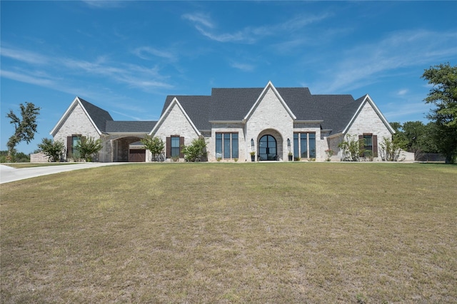 french country home with brick siding, a front lawn, and a shingled roof