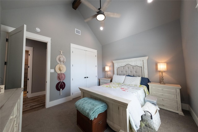 bedroom with visible vents, baseboards, high vaulted ceiling, a closet, and beamed ceiling