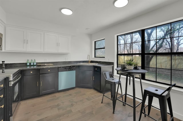 kitchen with white cabinetry, electric range, plenty of natural light, a sink, and dishwasher