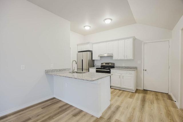 kitchen with light wood finished floors, white cabinetry, a peninsula, and stainless steel appliances