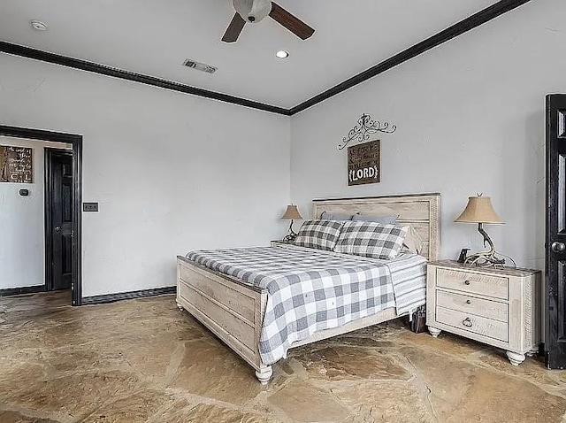 bedroom with visible vents, ceiling fan, and crown molding