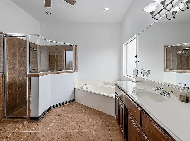 full bath featuring ceiling fan, a stall shower, a bath, tile patterned floors, and vanity