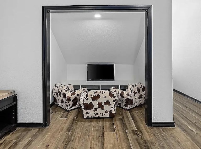 bedroom featuring baseboards, wood finished floors, and vaulted ceiling