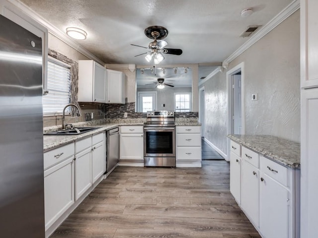 kitchen featuring a ceiling fan, a sink, ornamental molding, stainless steel appliances, and light wood-style floors