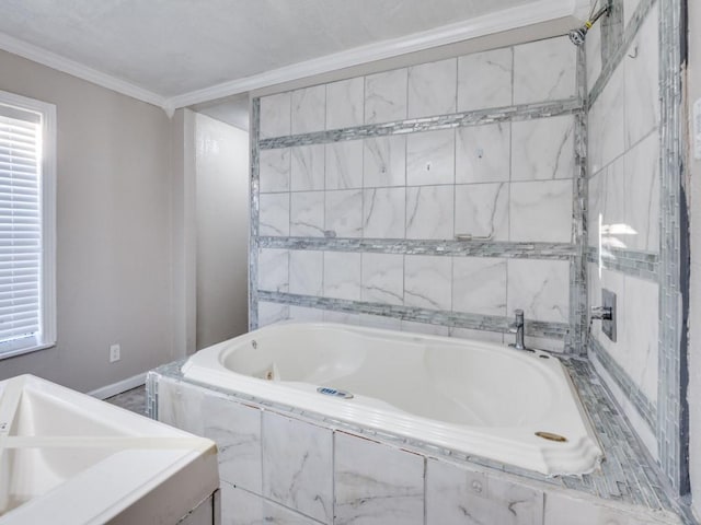 bathroom featuring tiled tub and ornamental molding