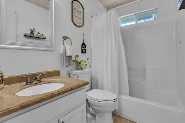 bathroom featuring shower / tub combo with curtain, toilet, and vanity