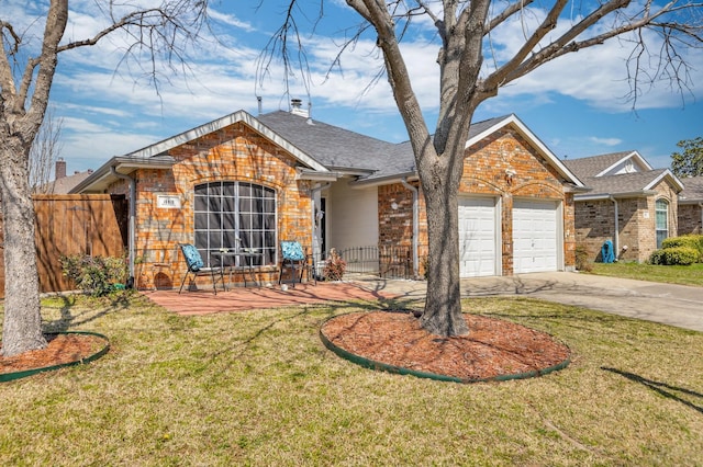 single story home featuring brick siding, concrete driveway, a front yard, a chimney, and an attached garage