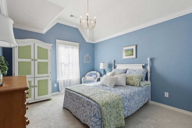 carpeted bedroom featuring baseboards, lofted ceiling, an inviting chandelier, and crown molding