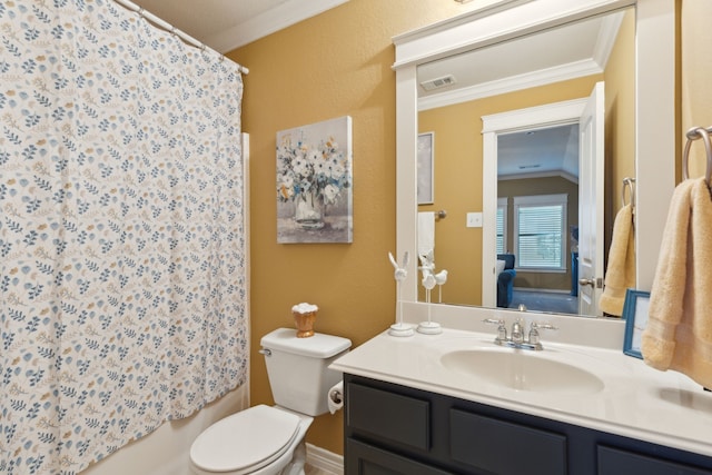 full bath with visible vents, toilet, vanity, and ornamental molding