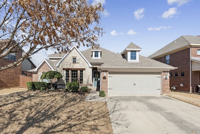 view of front of house with fence, roof with shingles, an attached garage, concrete driveway, and stone siding