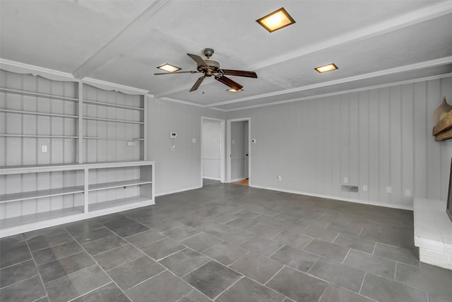 unfurnished living room featuring tile patterned floors, built in shelves, baseboards, and a ceiling fan