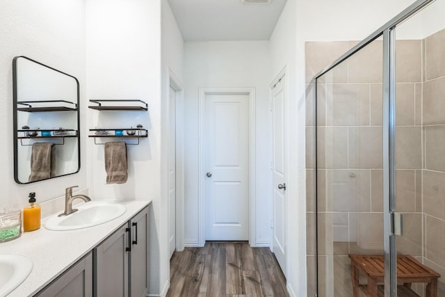 bathroom featuring a sink, double vanity, wood finished floors, and a shower stall