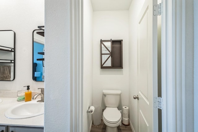 bathroom with vanity, toilet, and wood finished floors