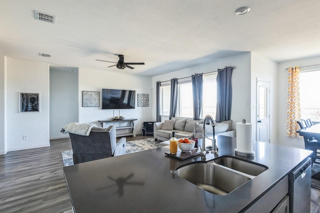 870 Sitwell Dr, Fate, TX 75087 - kitchen featuring open floor plan, a sink, ceiling fan, dark wood-type flooring, and dark countertops