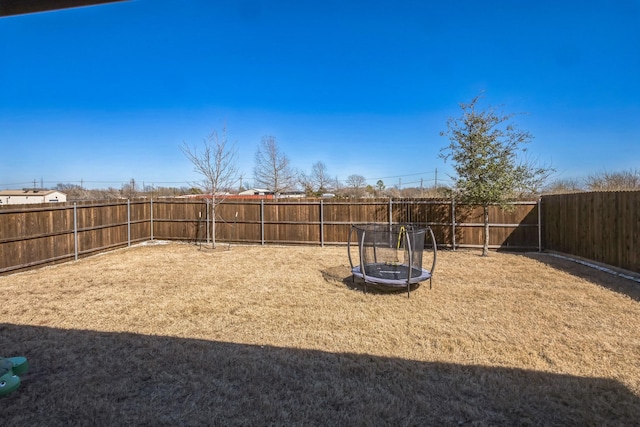 view of yard with a fenced backyard and a trampoline