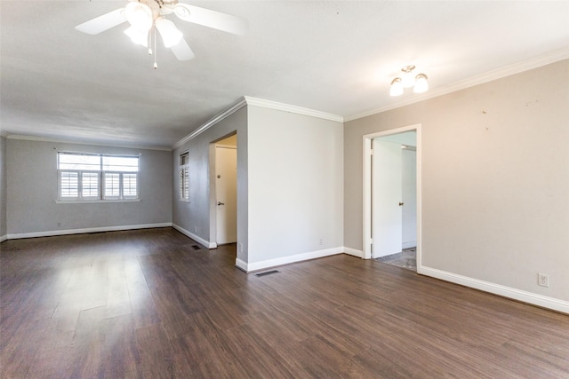 unfurnished room featuring visible vents, ceiling fan, baseboards, and dark wood-style flooring