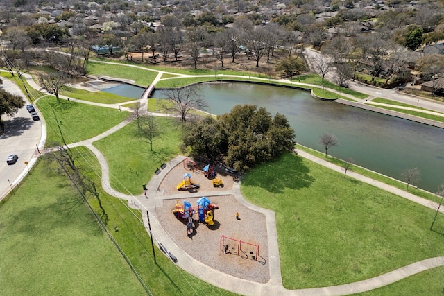 drone / aerial view featuring a water view