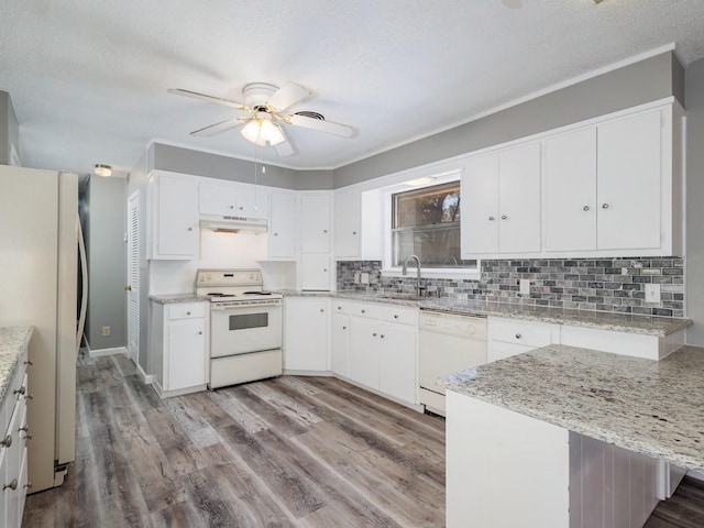 kitchen featuring under cabinet range hood, light wood-style flooring, white appliances, and ceiling fan