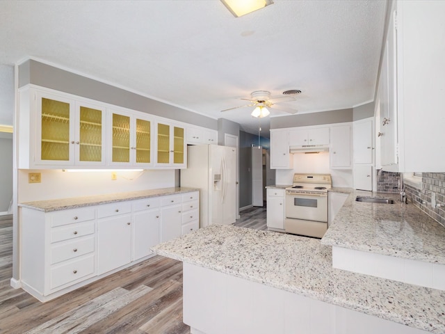 kitchen featuring white appliances, ceiling fan, a sink, under cabinet range hood, and light wood-type flooring