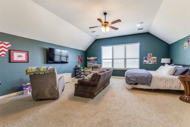 bedroom featuring visible vents, ceiling fan, baseboards, carpet, and vaulted ceiling