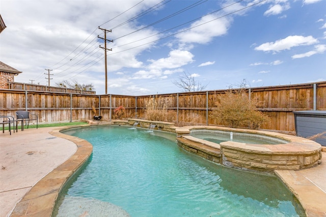 view of pool with a patio area, a fenced backyard, and a pool with connected hot tub