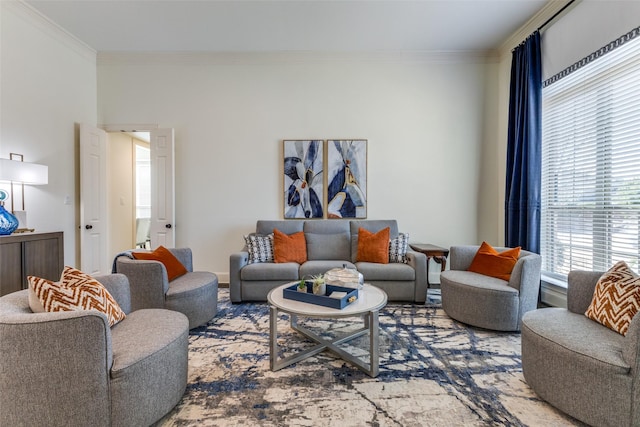 living room with ornamental molding