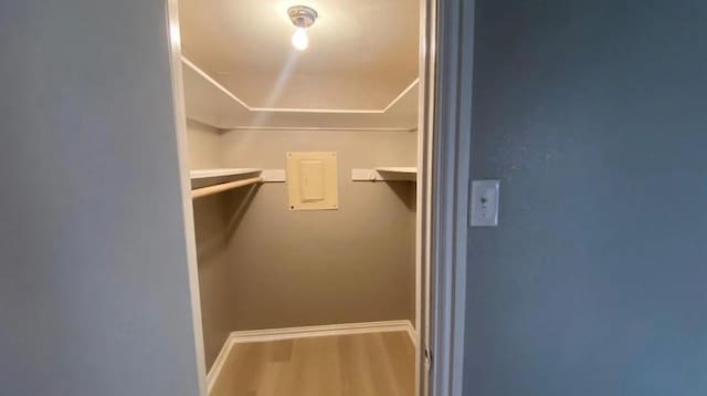 walk in closet with wood finished floors