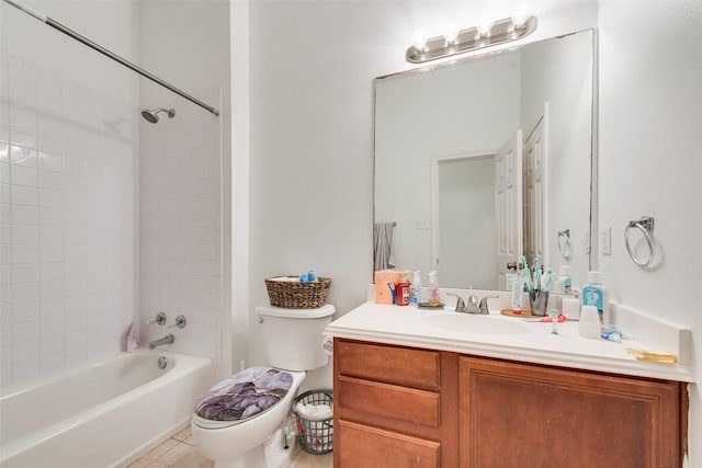 full bathroom with tile patterned floors, shower / bathtub combination, toilet, and vanity