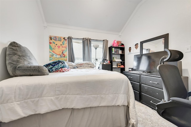 bedroom featuring carpet, crown molding, and vaulted ceiling