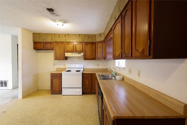 kitchen with brown cabinetry, visible vents, a sink, under cabinet range hood, and white electric range