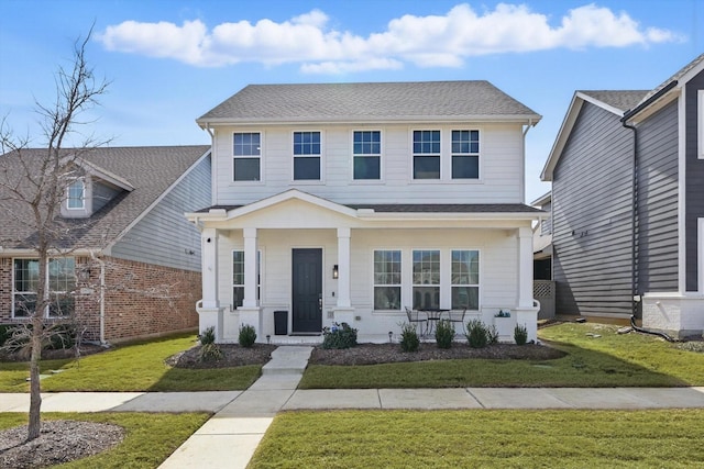 view of front of property with a shingled roof and a front lawn