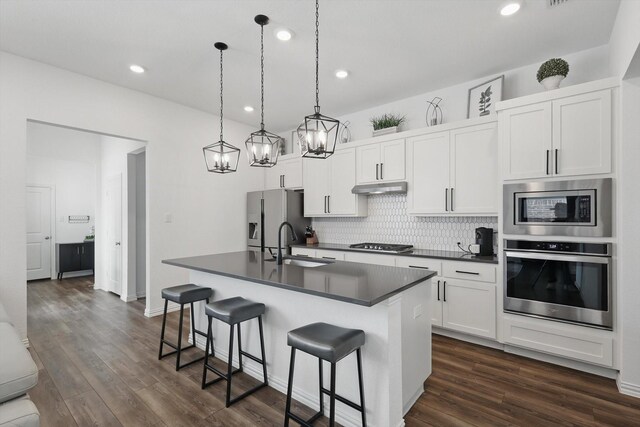 kitchen with under cabinet range hood, stainless steel appliances, dark countertops, and a sink