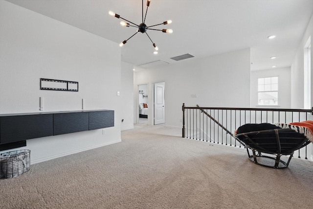 living area featuring visible vents, an upstairs landing, recessed lighting, carpet flooring, and a chandelier