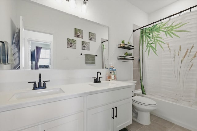 full bathroom featuring tile patterned flooring, shower / bathtub combination with curtain, double vanity, and a sink