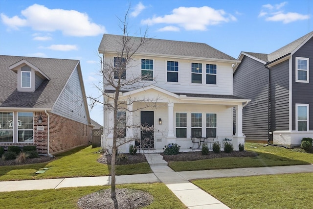 view of front of home featuring a shingled roof and a front lawn