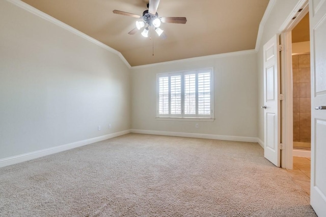 spare room with ceiling fan, light carpet, baseboards, and ornamental molding