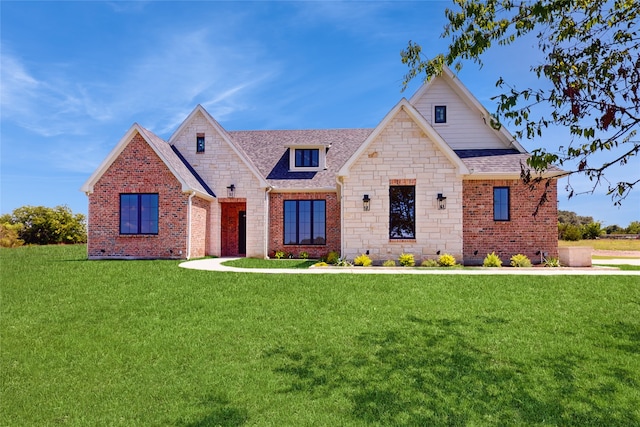 2031 Meadowlark Ct, Aledo, TX 76008 - view of front of house featuring brick siding, a front lawn, roof with shingles, and stone siding
