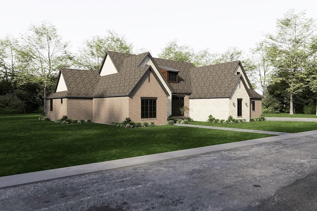 view of front facade featuring a front yard and stone siding