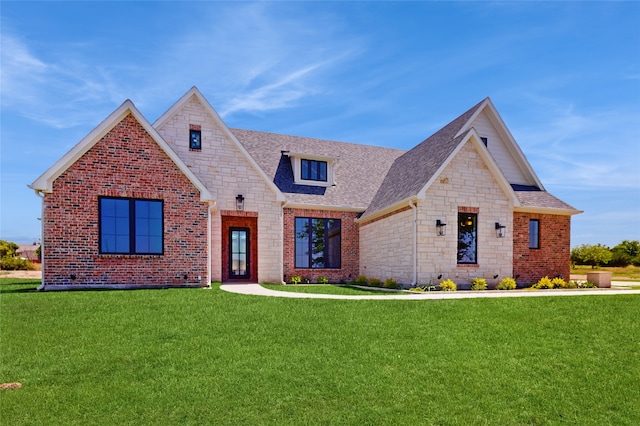 2031 Meadowlark Ct, Aledo, TX 76008 - view of front of home with a front yard, a shingled roof, brick siding, and stone siding