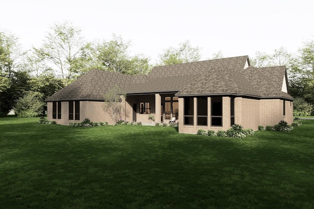 rear view of house featuring a lawn and brick siding