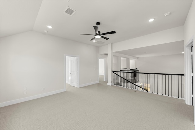 spare room with visible vents, light carpet, recessed lighting, baseboards, and ceiling fan